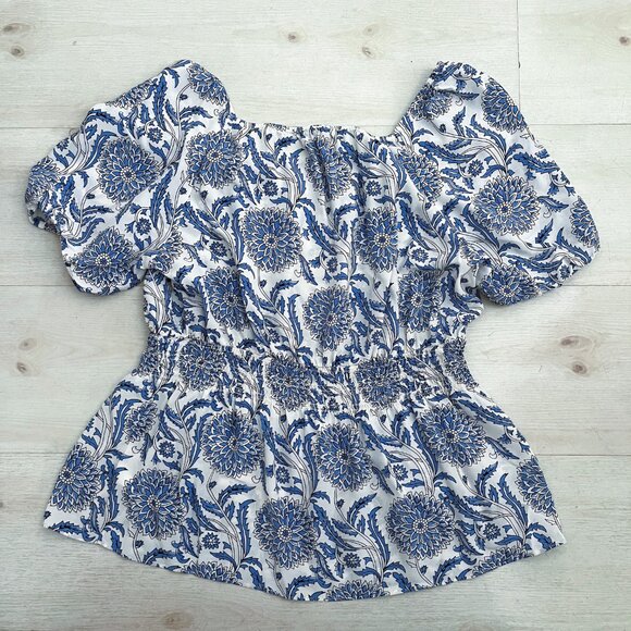 Talbots Women's Blue Floral Peplum Puff Sleeve Blouse Size Large - Picture 2 of 3